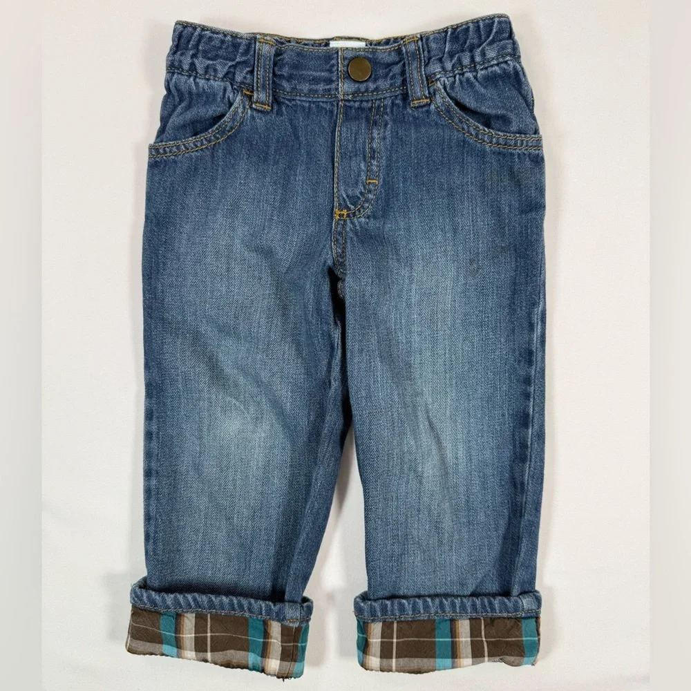 GYMBOREE Boys Denim Jeans 2T 2016 OT Winter Plaid‎ Cuff Cottagecore Farmhouse